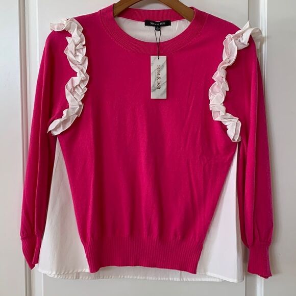 NWT Fuchsia Blouse White Ruffle Size Large‎ - Picture 1 of 7